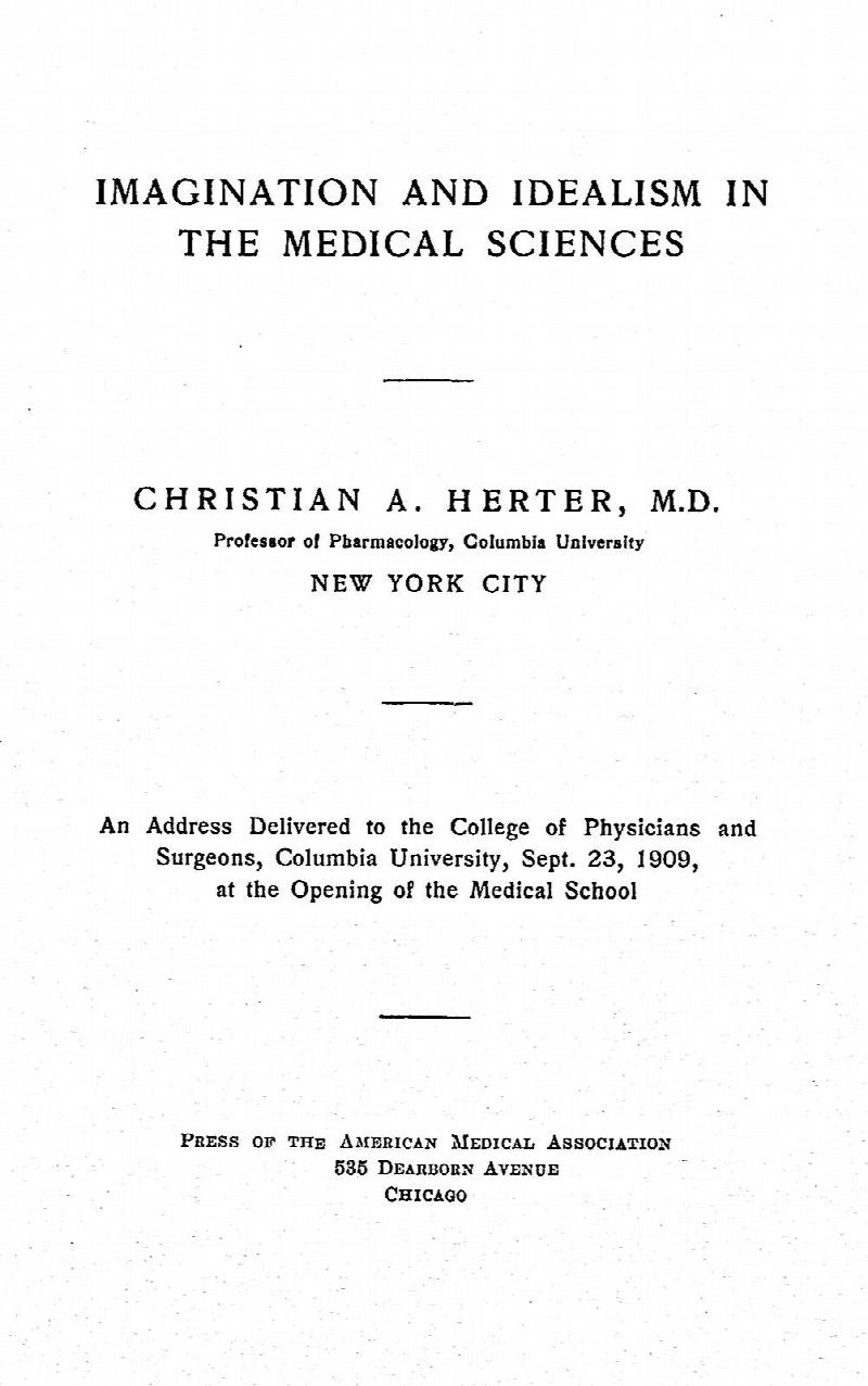 Image for Imagination and idealism in the Medical Sciences