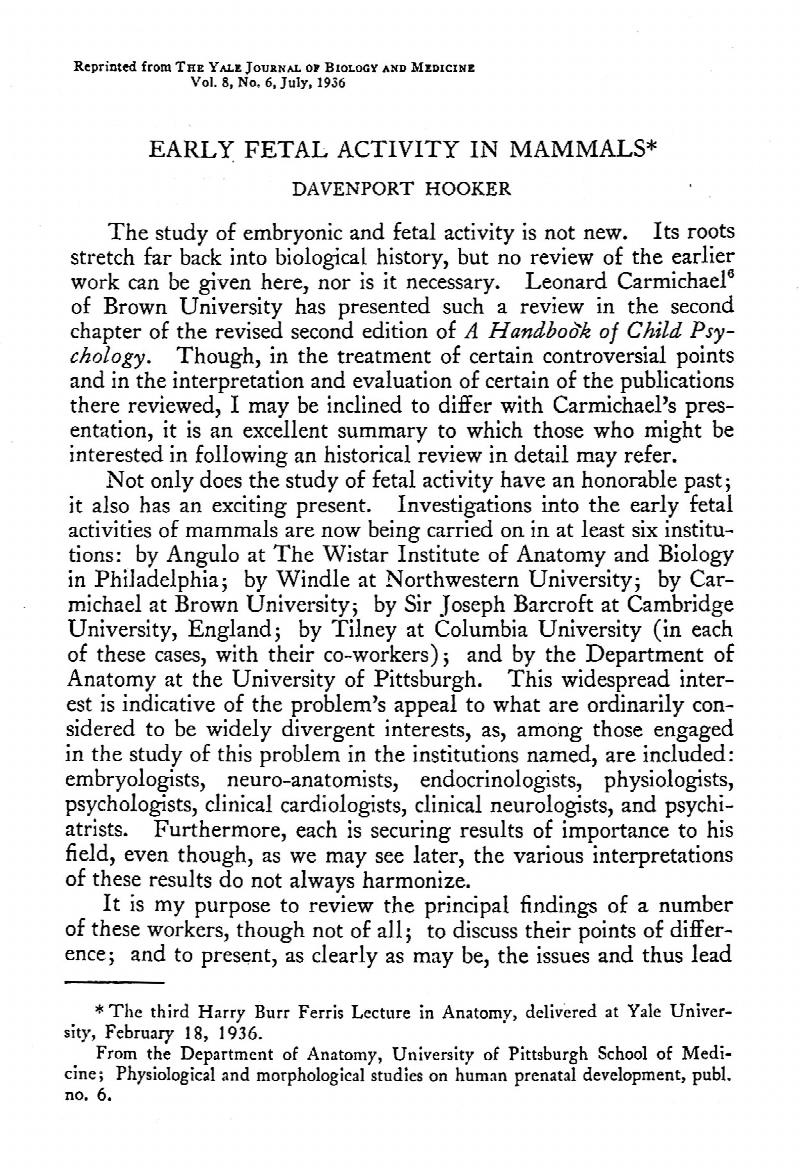 Image for Archive of six offprints on early prenatal human fetal activity
