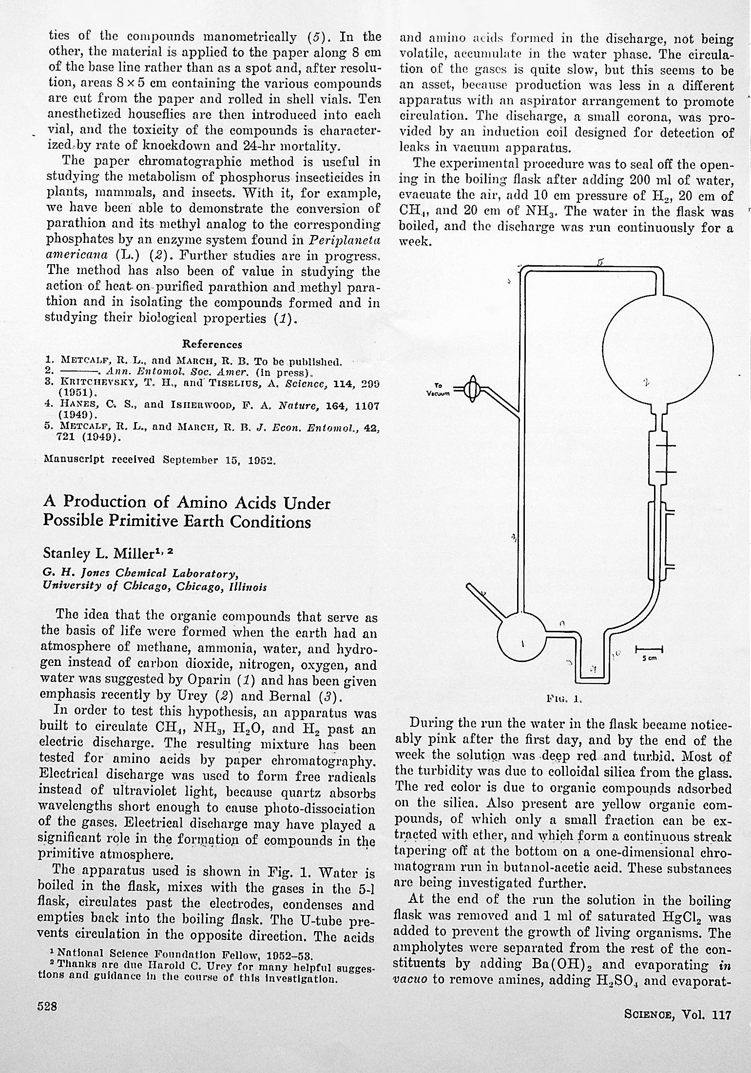 A production of amino acids under possible primitive earth conditions (Science May 15, 1953, Volume 117:528-529)