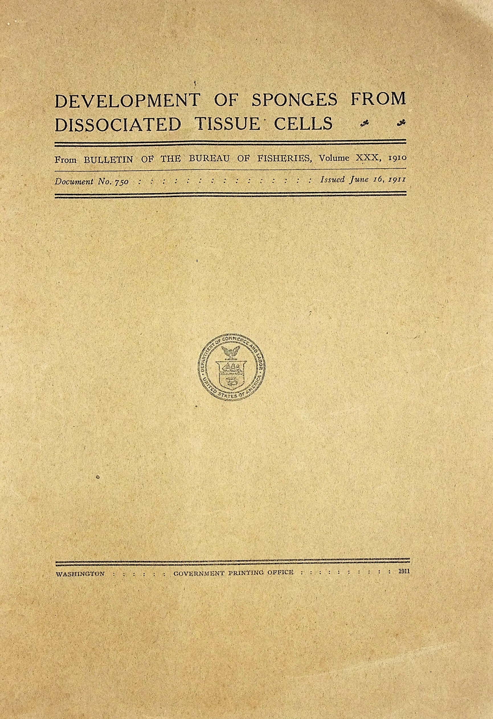 Development of sponges from dissociated tissue cells IN Bulletin of the Bureau of Fisheries, Vol. 30, 1910, issued as Document No 750, June 16, 1911 TOGETHER WITH Sponges and Biology IN The American Naturalist Vol. 66, Issue 703, pages 159-170, April 1932