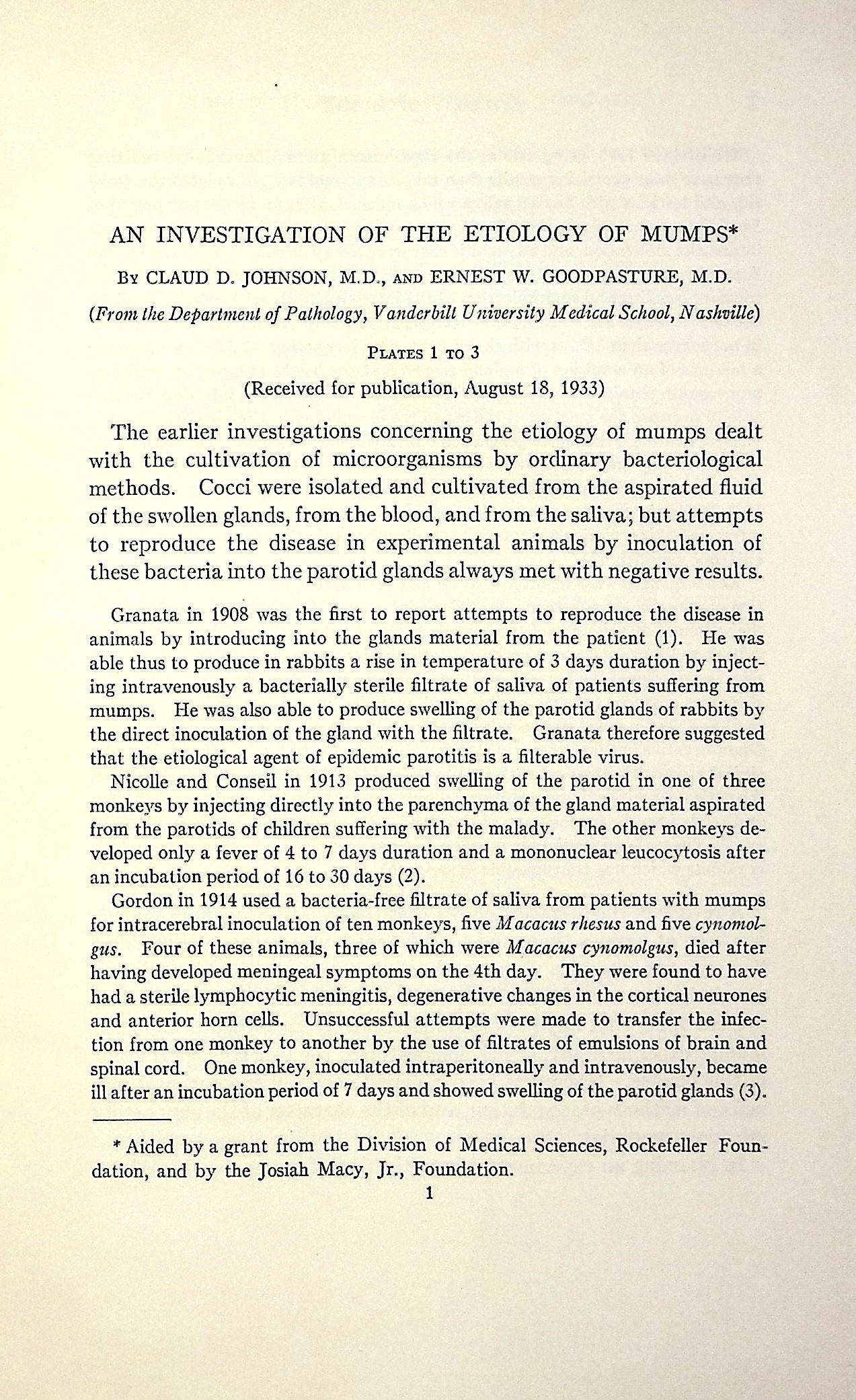 Image for An investigation of the etiology of mumps An investigation of the etiology of mumps
