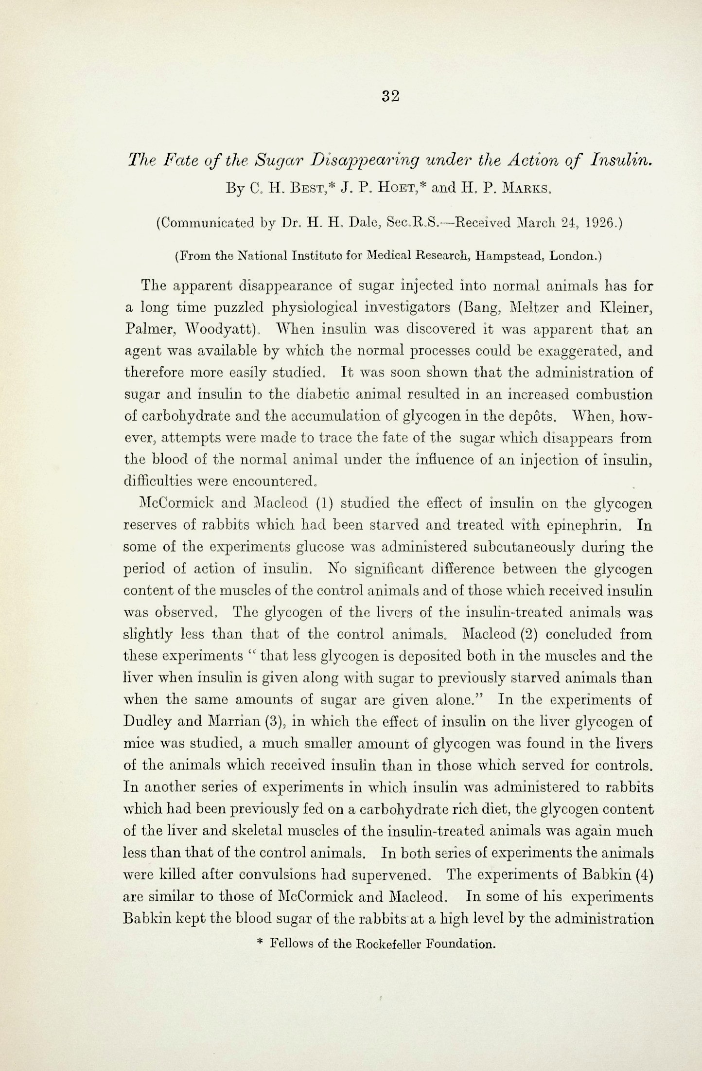 Image for 1) The fate of the sugar disappearing under the action of insulin. Proceedings of the Royal Society, Series B, Vol. 100 (700): 3254; 2) Oxidation and storage of glucose under the action of insulin, pp 5571 TOGETHER WITH Additional note on the effect of insulin on the Lactacidogen content of the skel 1) The fate of the sugar disappearing under the action of insulin. Proceedings of the Royal Society, Series B, Vol. 100 (700): 3254; 2) Oxidation and storage of glucose under the action of insulin, pp 5571 TOGETHER WITH Additional note on the effect of insulin on the Lactacidogen content of the skel
