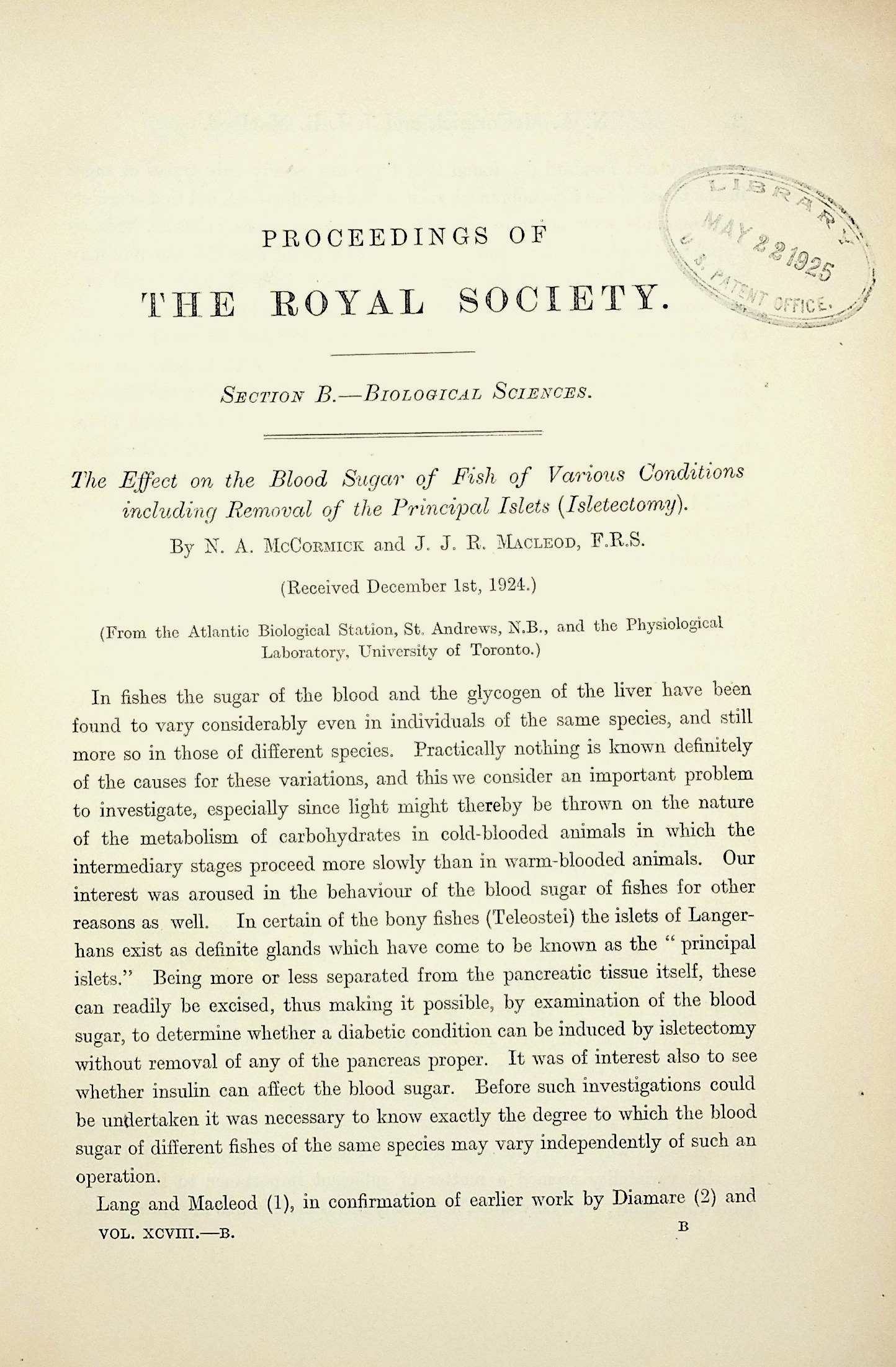 Image for The effect on the blood sugar of fish of various conditions including removal of the principal islets (isletectomy). Proceedings of the Royal Society, Series B, Vol. 98 (687): 129 The effect on the blood sugar of fish of various conditions including removal of the principal islets (isletectomy). Proceedings of the Royal Society, Series B, Vol. 98 (687): 129