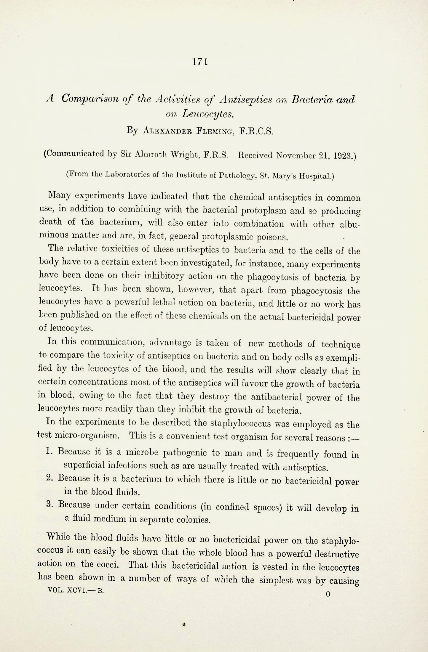 A comparison of the activities of antiseptics on bacteria and on leucocytes. Proceedings of the Royal Society, Series B, Vol. 96 (674): 171180