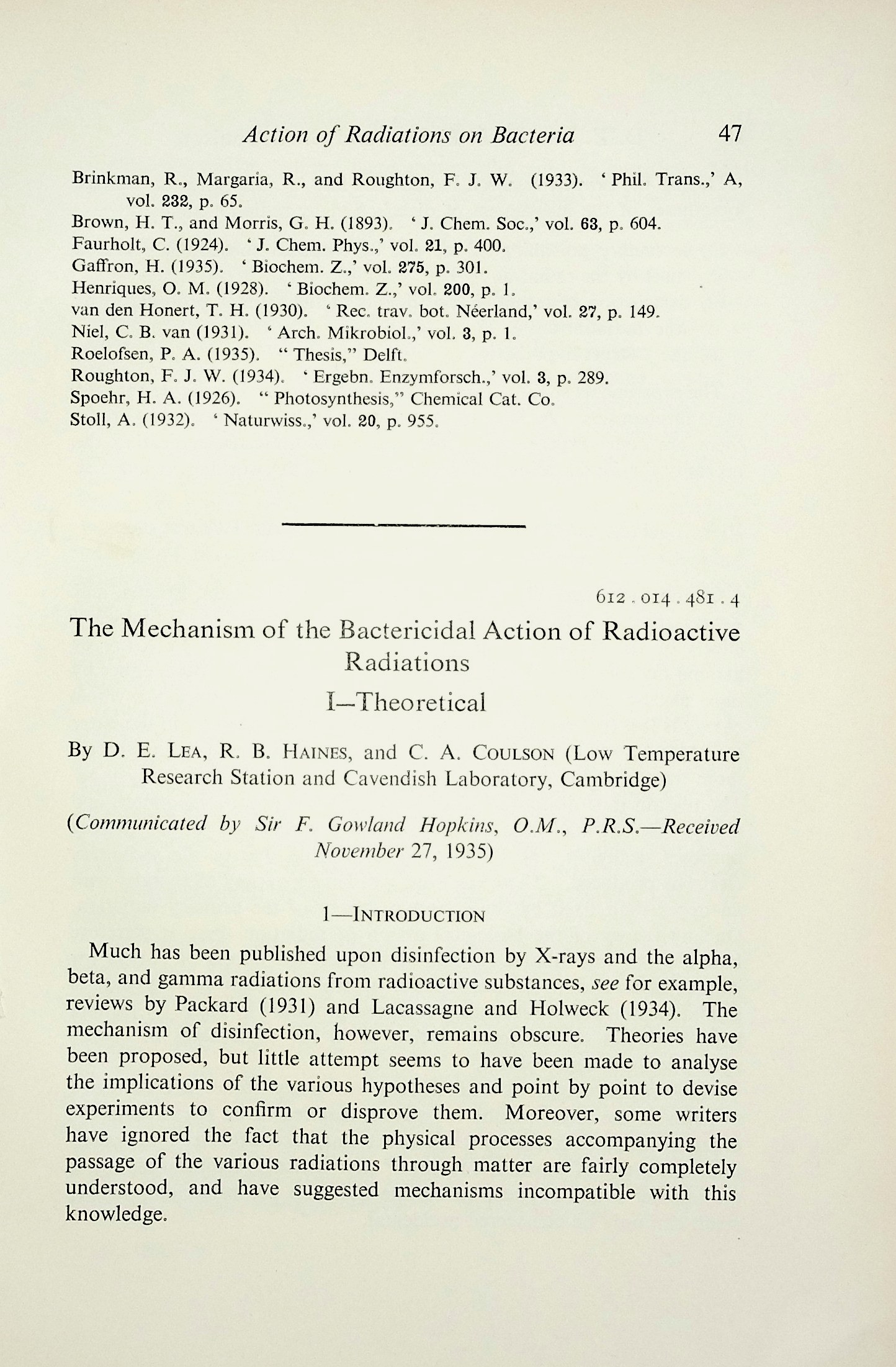 Image for The mechanism of the bactericidal action of radioactive Radiations I-Theoretical; , ii - Experimental, alpha and beta perticles. Proceedings of the Royal Society, Series B, Vol. 120 (816): 4776 The mechanism of the bactericidal action of radioactive Radiations I-Theoretical; , ii - Experimental, alpha and beta perticles. Proceedings of the Royal Society, Series B, Vol. 120 (816): 4776