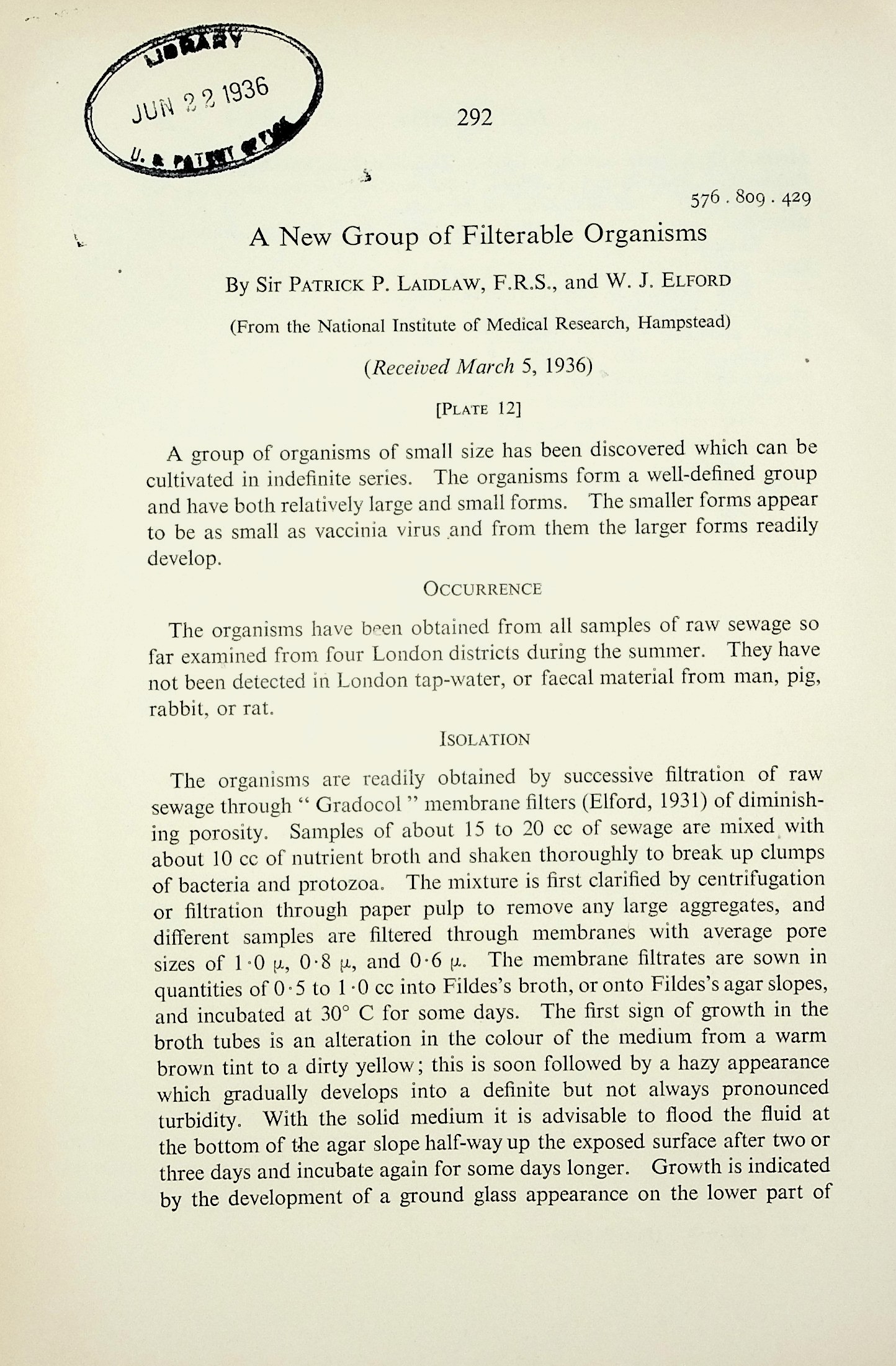 Image for A new group of filterable organisms. Proceedings of the Royal Society, Series B, Vol. 120 (818): 292303 A new group of filterable organisms. Proceedings of the Royal Society, Series B, Vol. 120 (818): 292303