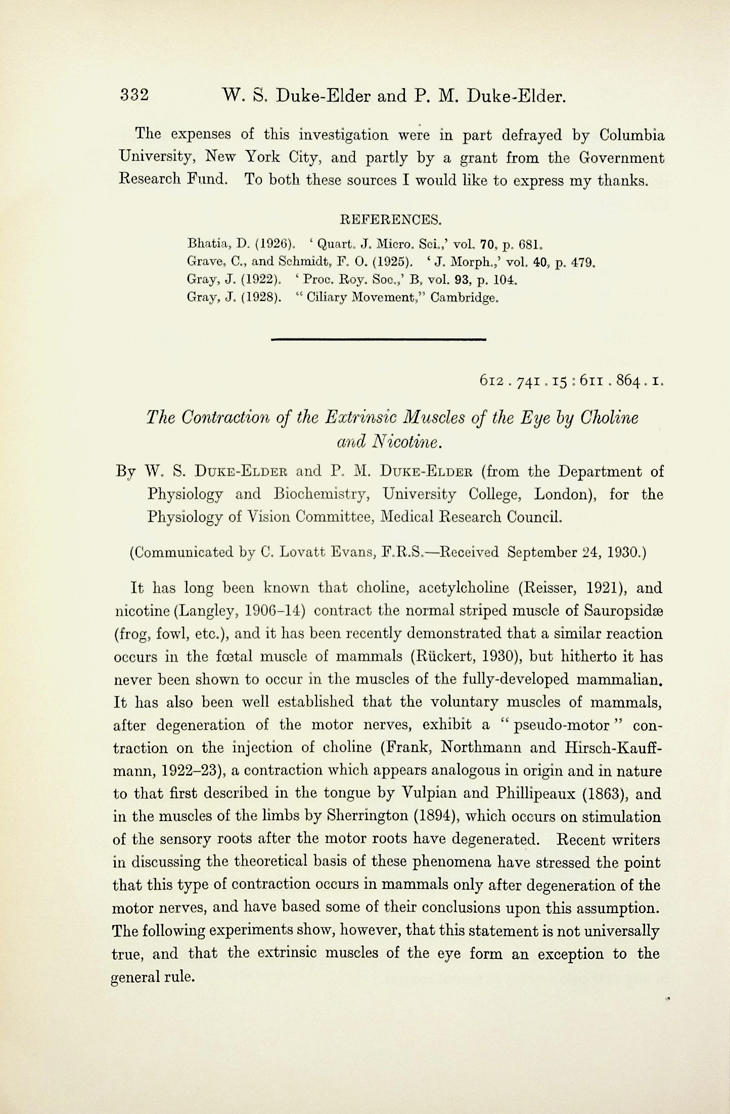 Image for 1) The contraction of the extrinsic muscles of the eye by choline and nicotine. Proceedings of the Royal Society, Series B, Vol. 107 (751): 332343; 2) The vascular responses of the eye. Proceedings of the Royal Society, Series B, Vol. 109 (760): 1928 1) The contraction of the extrinsic muscles of the eye by choline and nicotine. Proceedings of the Royal Society, Series B, Vol. 107 (751): 332343; 2) The vascular responses of the eye. Proceedings of the Royal Society, Series B, Vol. 109 (760): 1928