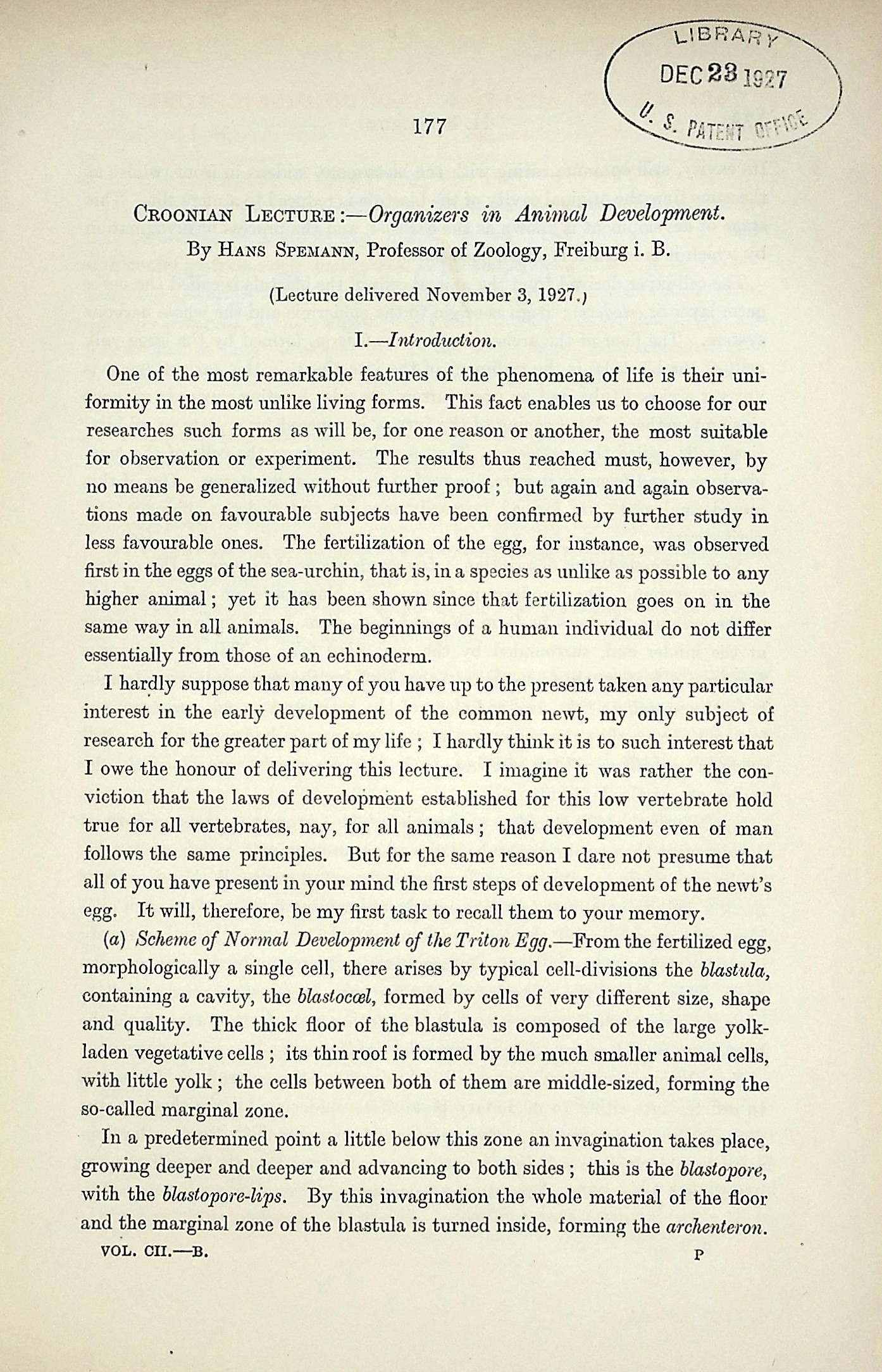 Croonian Lecture:Organizers in animal development. Proceedings of the Royal Society, Series B, Vol. 102 (716): 177187