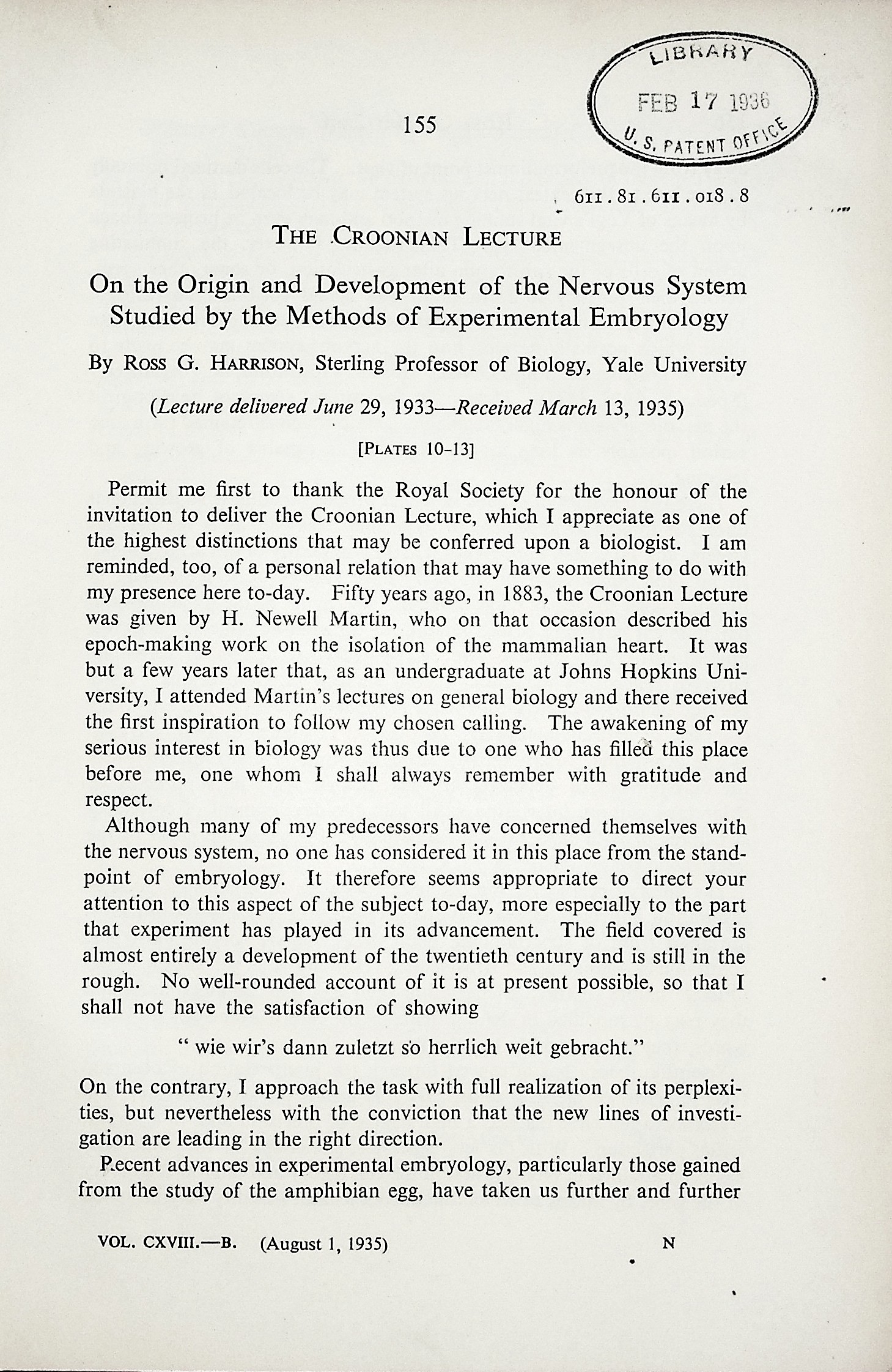 The Croonian lecture on the origin and development of the nervous system studied by the methods of experimental embryology. Proceedings of the Royal Society, Series B, Vol. 118 (808): 155196