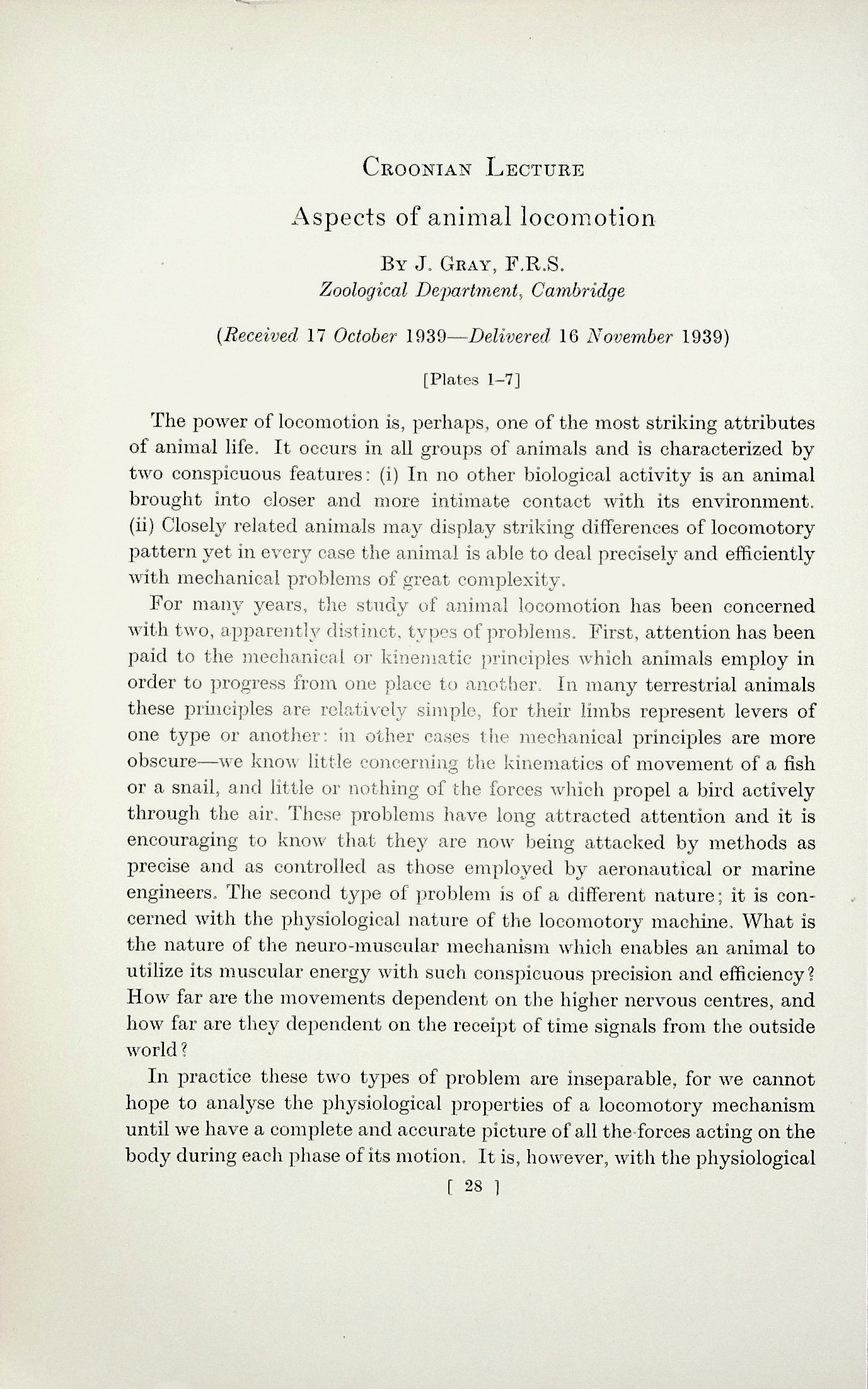 Croonian Lecture: Aspects of Animal Locomotion. Proceedings of the Royal Society, Series B, Vol. 128, (850): 28-62