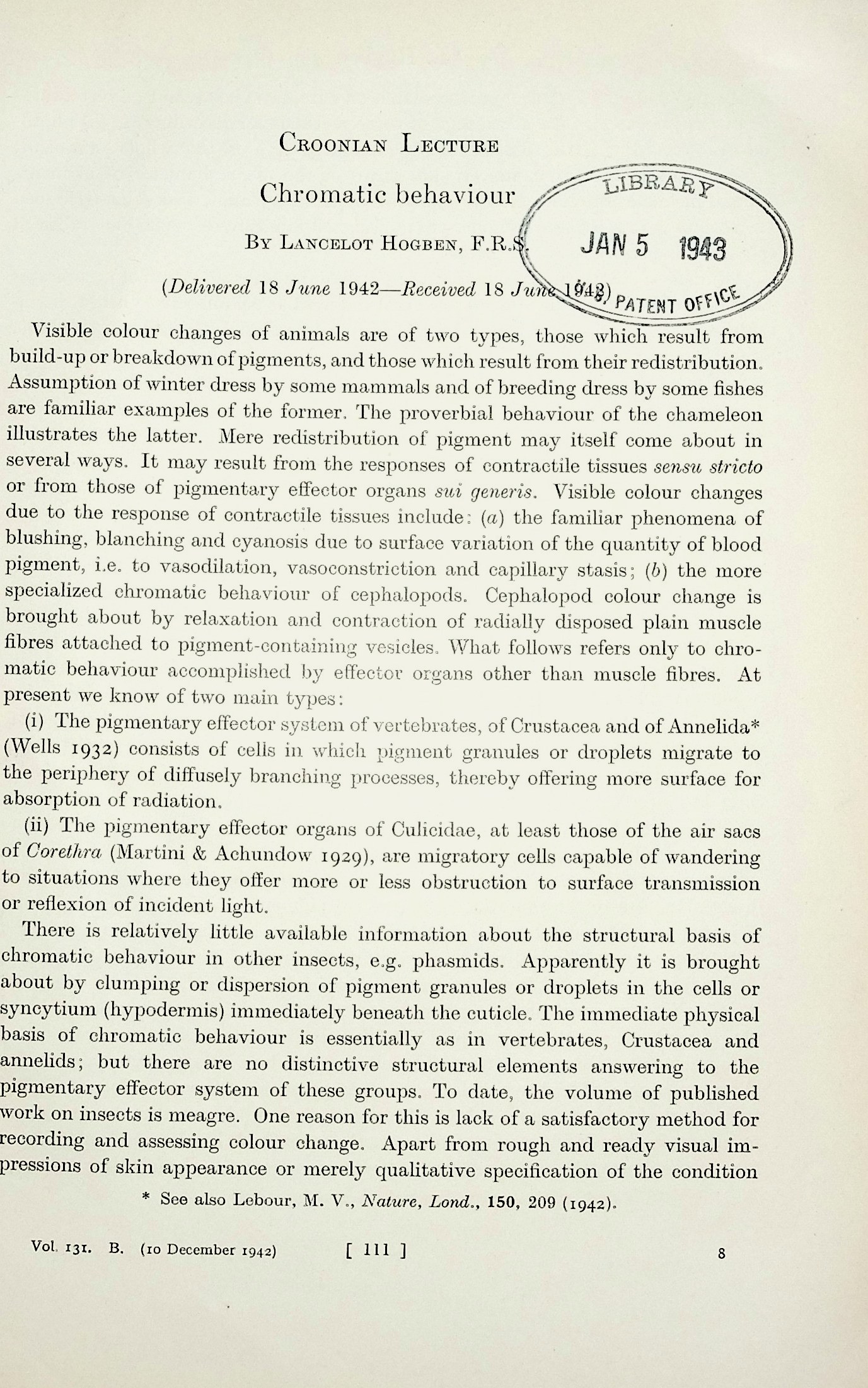 Croonian lecture - Chromatic behaviour. Proceedings of the Royal Society, Series B, Vol. 131 (863): 111136