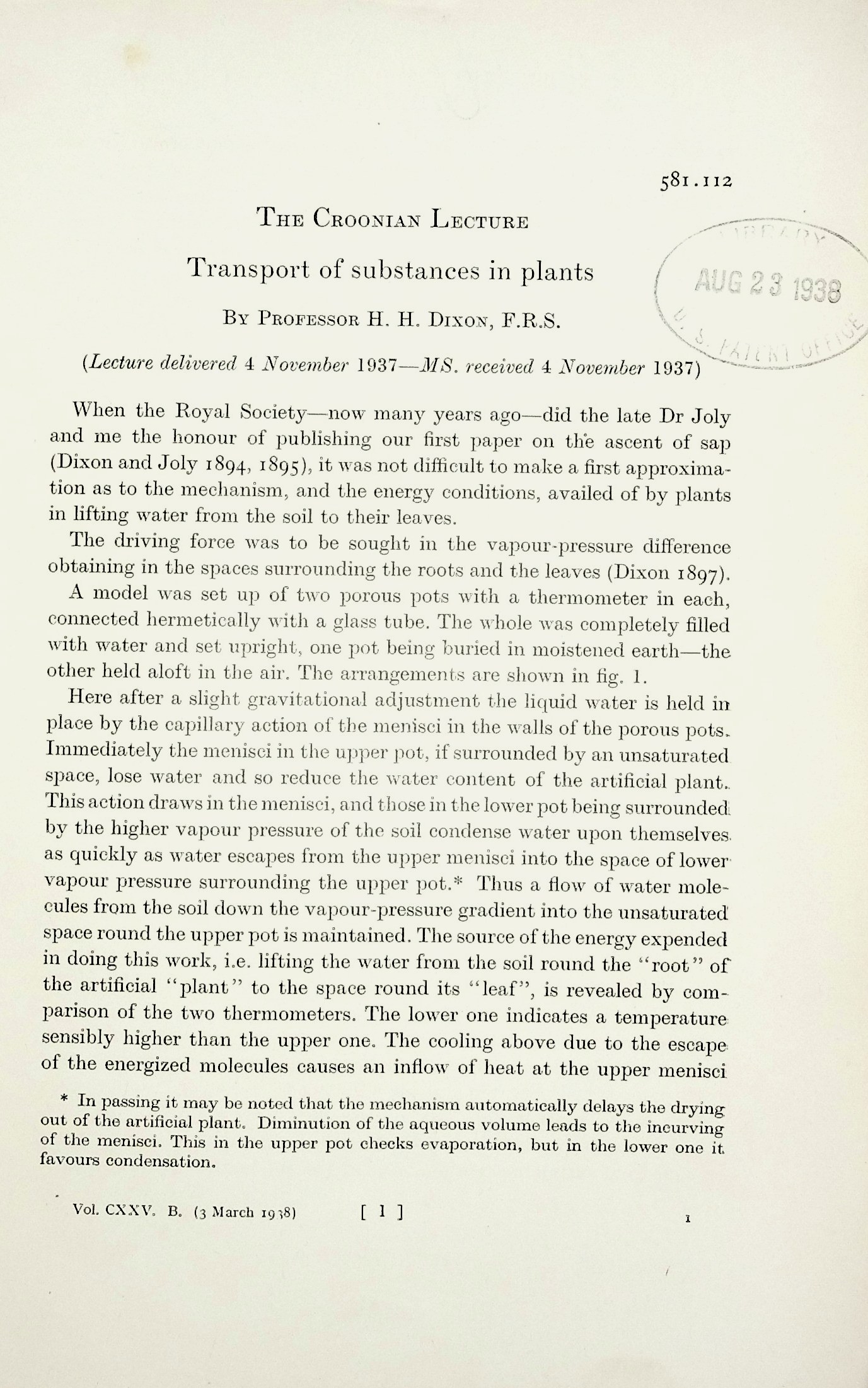 Croonian lecture. Transport of substances in plants. Proceedings of the Royal Society, Series B, Vol. 125, (838): 1-25