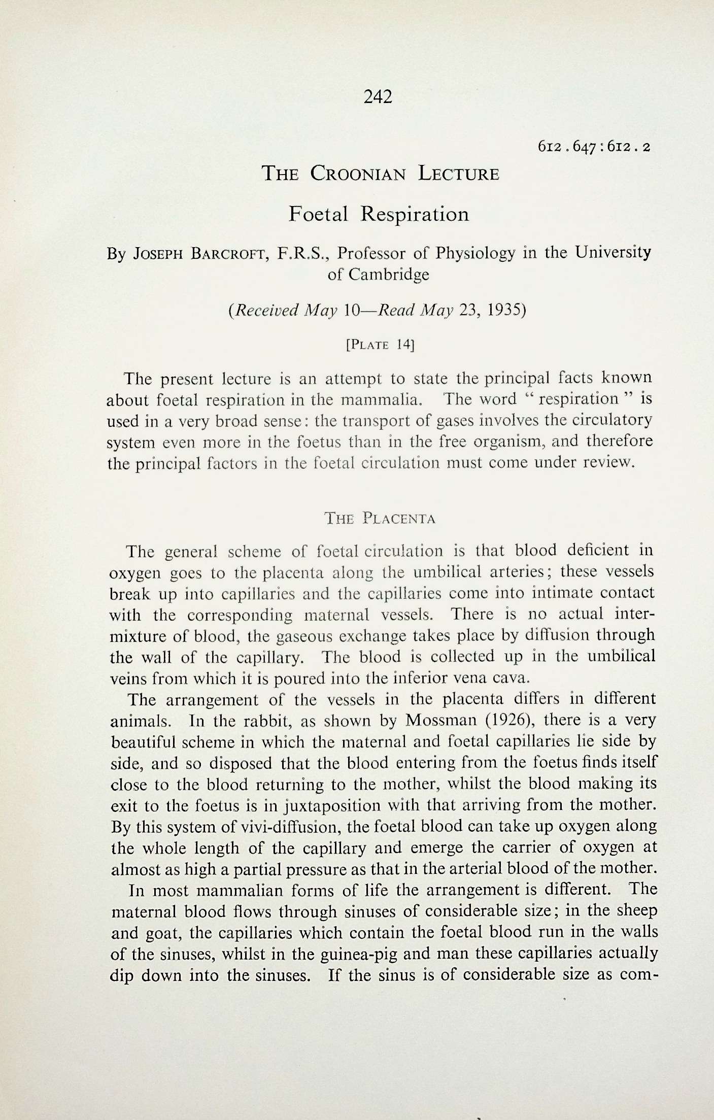 The Croonian lecture - Foetal respiration. Proceedings of the Royal Society, Series B, Vol. 118 (808): 242263