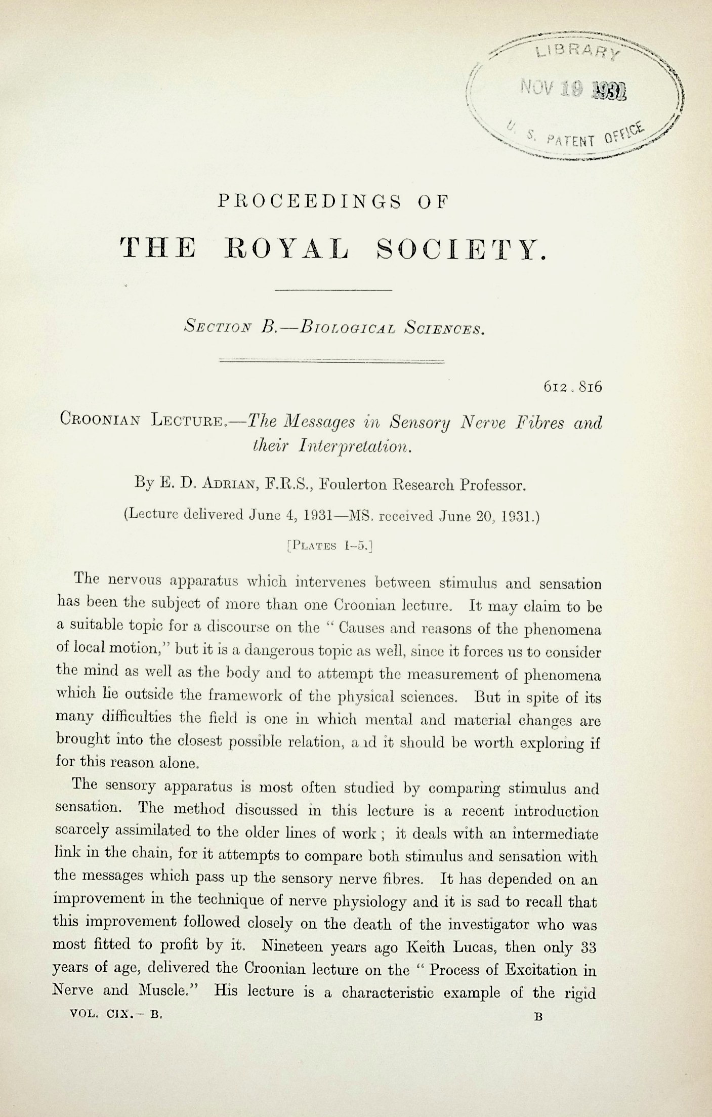 Croonian Lecture: The Messages in Sensory Nerve Fibres and their Interpretation. Proceedings of the Royal Society, Series B, Vol. 109 (760), pp. 1-18