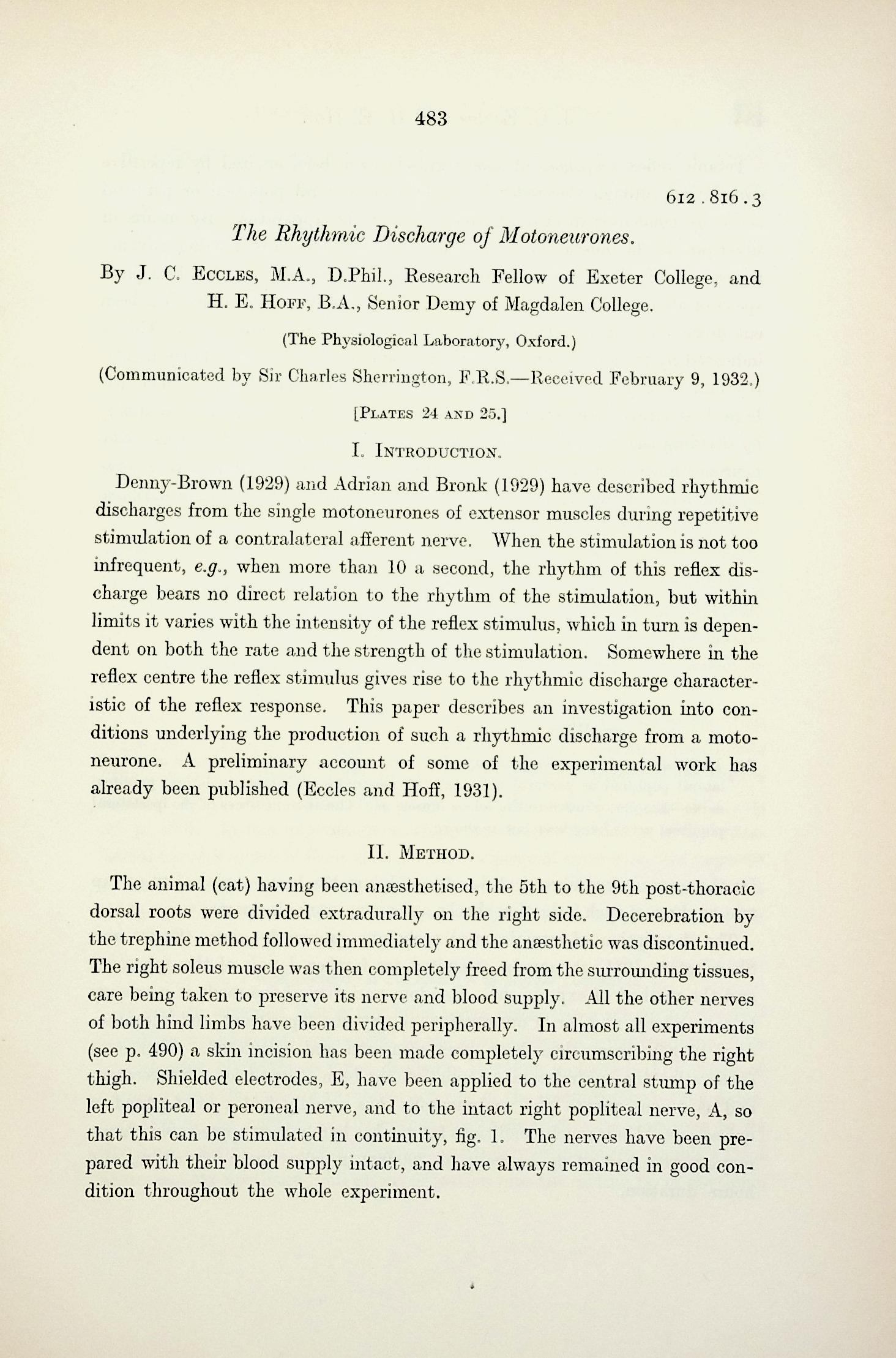 The rhythmic discharge of motoneurones. Proceedings of the Royal Society, Series B, Vol. 110 (768): 483514