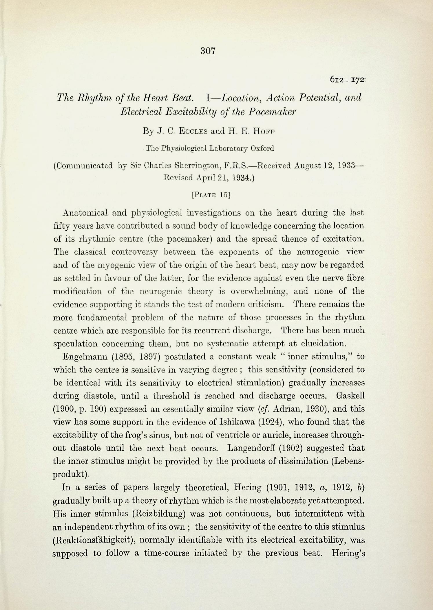 The rhythm of the heart beat. ILocation, action potential, and electrical excitability of the pacemaker; IIDisturbance of rhythm produced by late premature beats; III--Disturbances of rhythm produced by early premature beats. Proceedings of the Royal Society, Series B, Vol. 115 (794): 307368