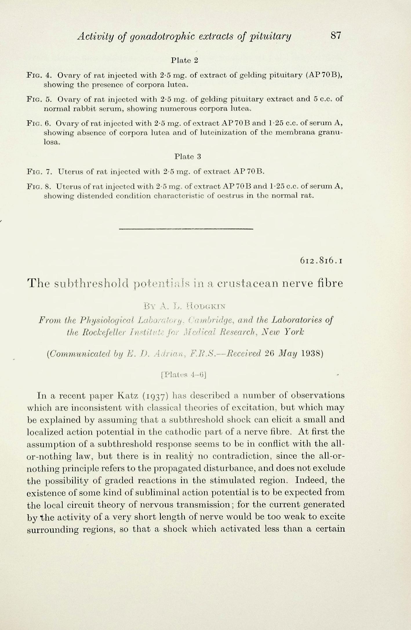 The subthreshold potentials in a crustacean nerve fibre. Proceedings of the Royal Society, Series B, Vol. 126 (842): 87121