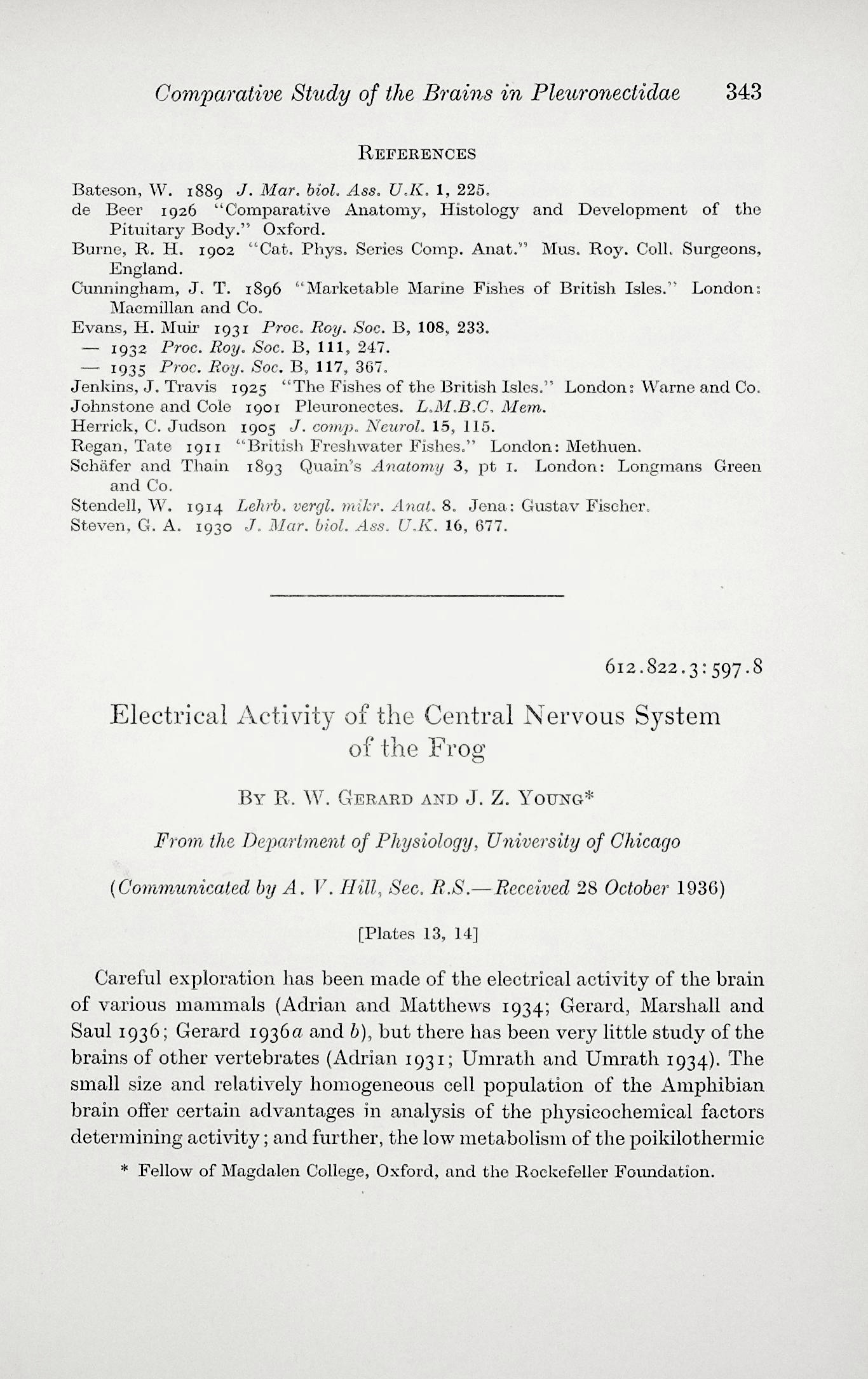 Electrical activity of the central nervous system of the frog. Proceedings of the Royal Society, Series B, Vol. 122 (828): 343352
