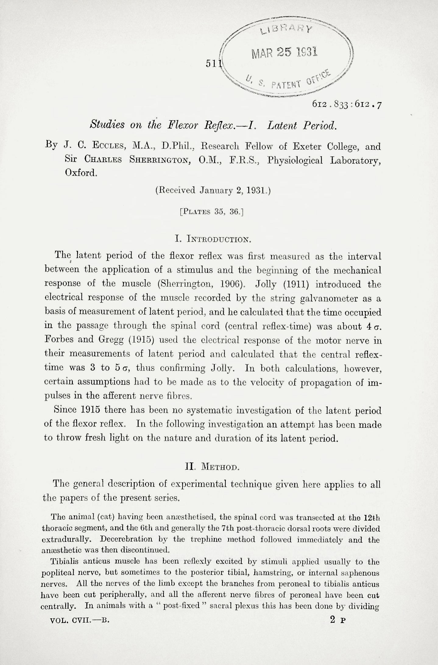 Image for Studies on the flexor reflex: I. Latent period; II. The reflex response evoked by two centripetal volleys; III. The central effects produced by an antidromic volley; IV. After-discharge; V. General conclusions; VI. Inhibition, in Proceedings of the Royal Society, Series B, Vols 107 (754): 511-606 an Studies on the flexor reflex: I. Latent period; II. The reflex response evoked by two centripetal volleys; III. The central effects produced by an antidromic volley; IV. After-discharge; V. General conclusions; VI. Inhibition, in Proceedings of the Royal Society, Series B, Vols 107 (754): 511-606 an