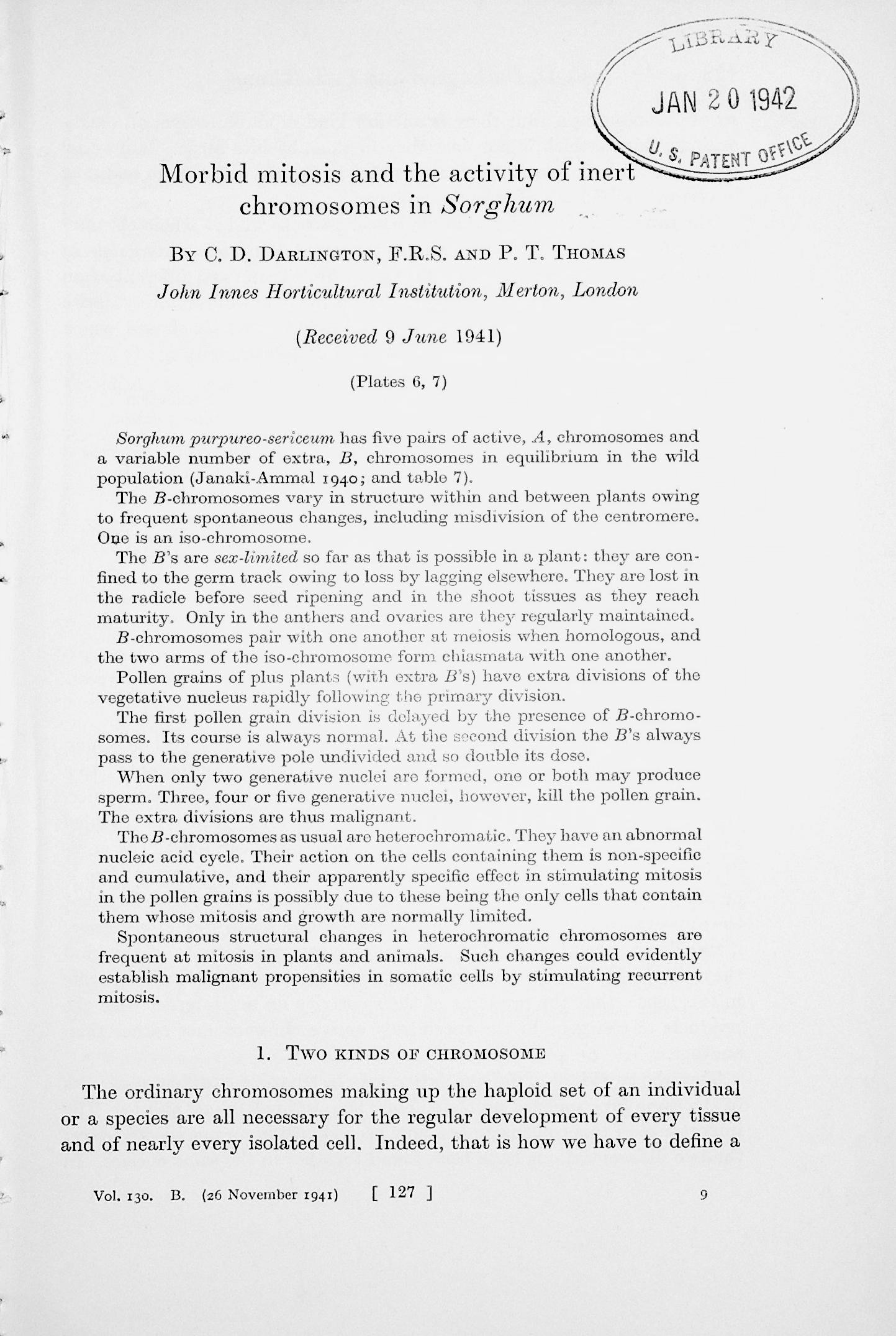 Image for Morbid mitosis and the activity of inert chromosomes in sorghum. Proceedings of the Royal Society, Series B, Vol. 130 (859): 127150 Morbid mitosis and the activity of inert chromosomes in sorghum. Proceedings of the Royal Society, Series B, Vol. 130 (859): 127150