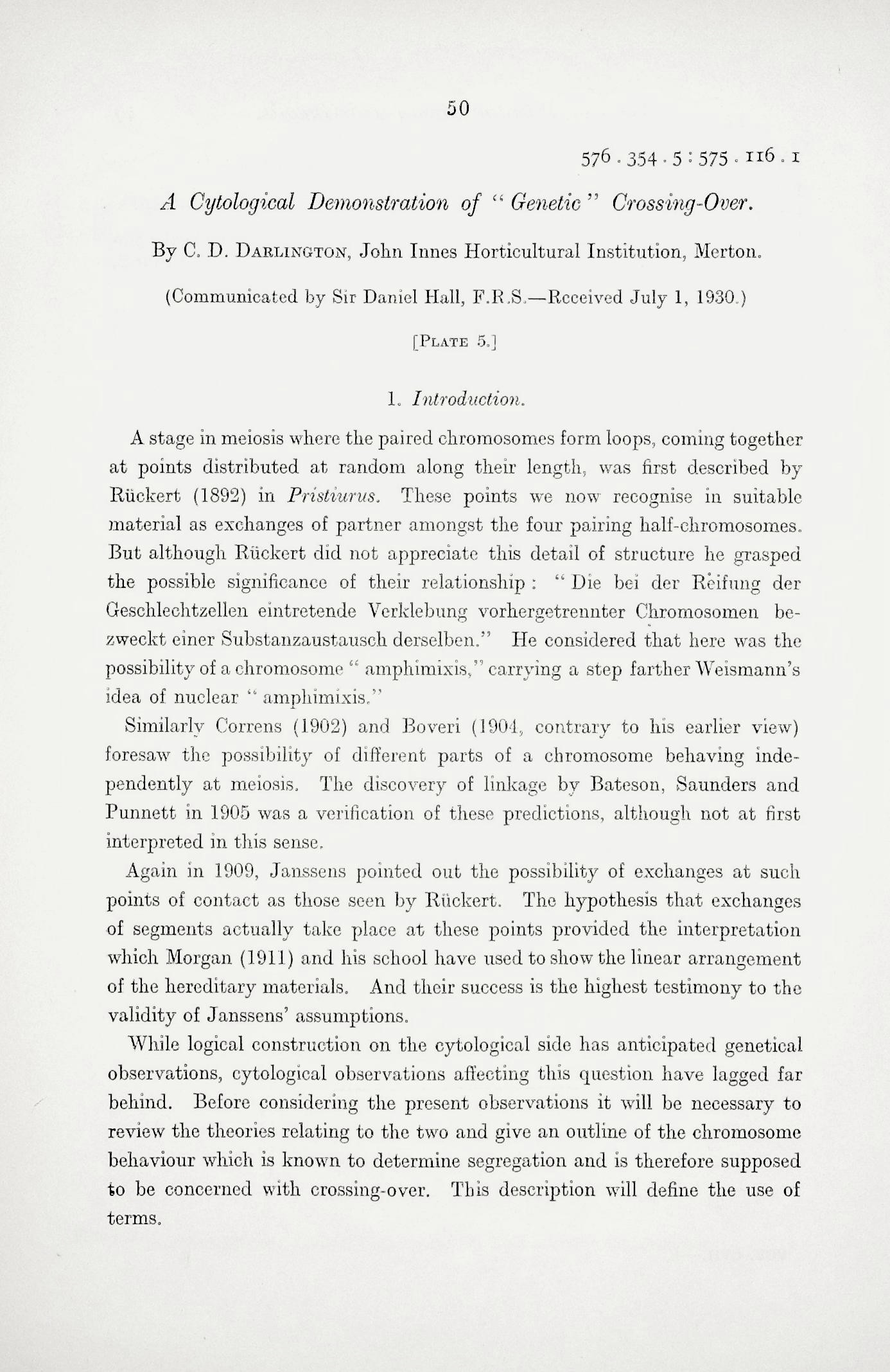 A cytological demonstration of genetic crossing-over. Proceedings of the Royal Society, Series B, Vol. 107 (748): 5059