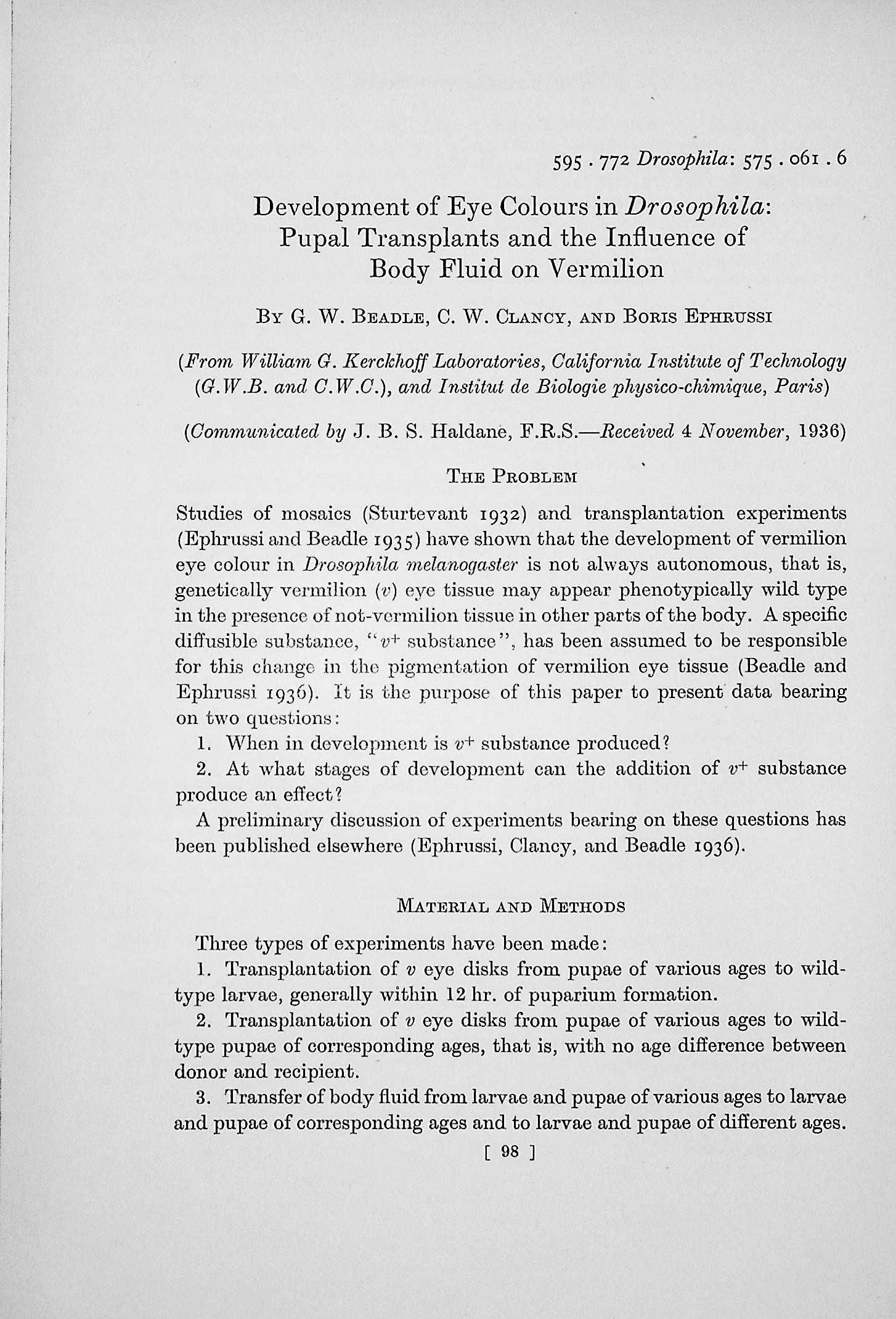 Image for Development of eye colours in Drosophila: Pupal transplants and the influence of body fluid on vermilion. Proceedings of the Royal Society, Series B, Vol. 122 (826): 98105 Development of eye colours in Drosophila: Pupal transplants and the influence of body fluid on vermilion. Proceedings of the Royal Society, Series B, Vol. 122 (826): 98105
