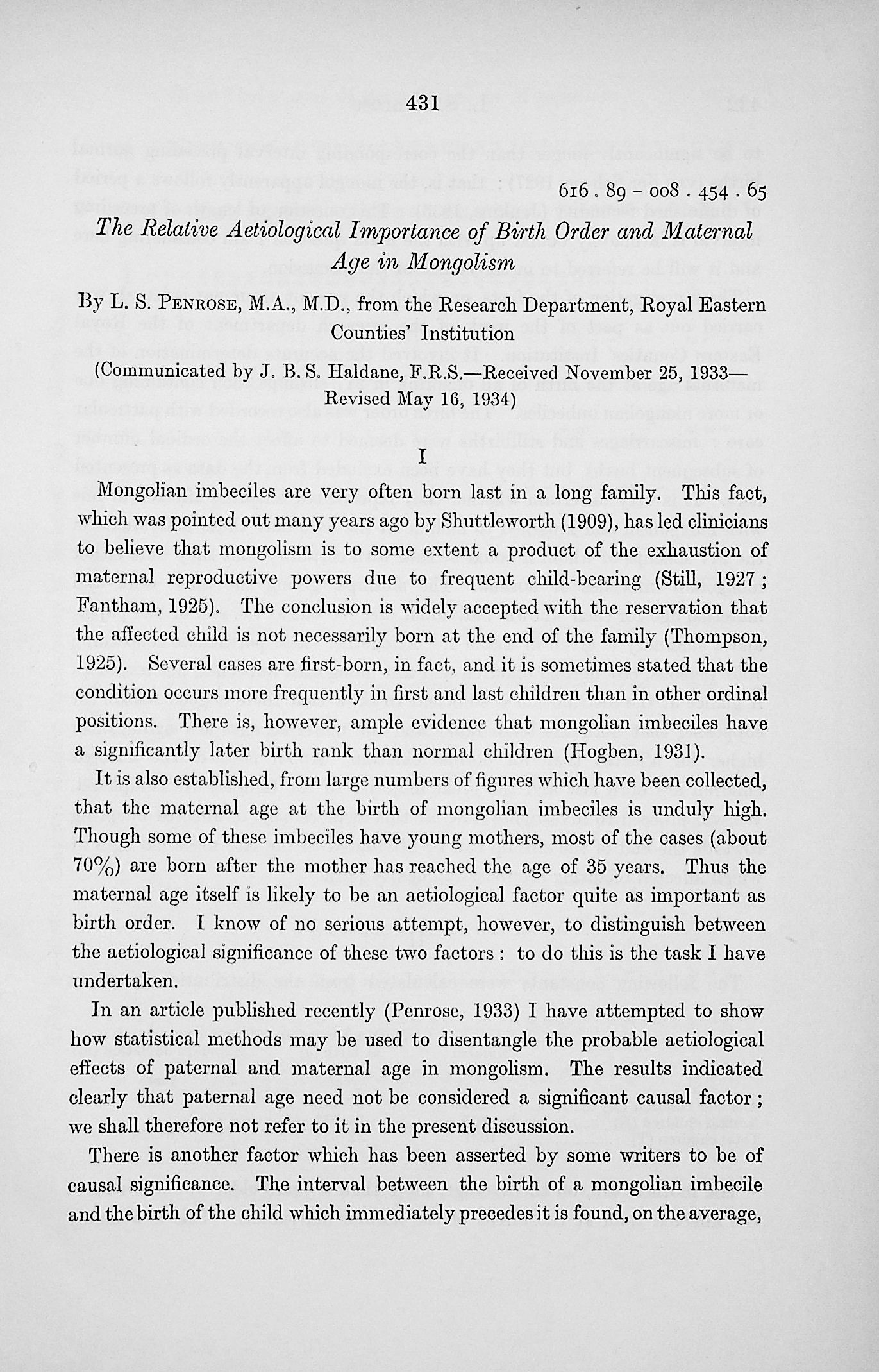 The relative aetiological importance of birth order and maternal age in mongolismProceedings of the Royal Society, Series B, Vol. 115 (795): 431450