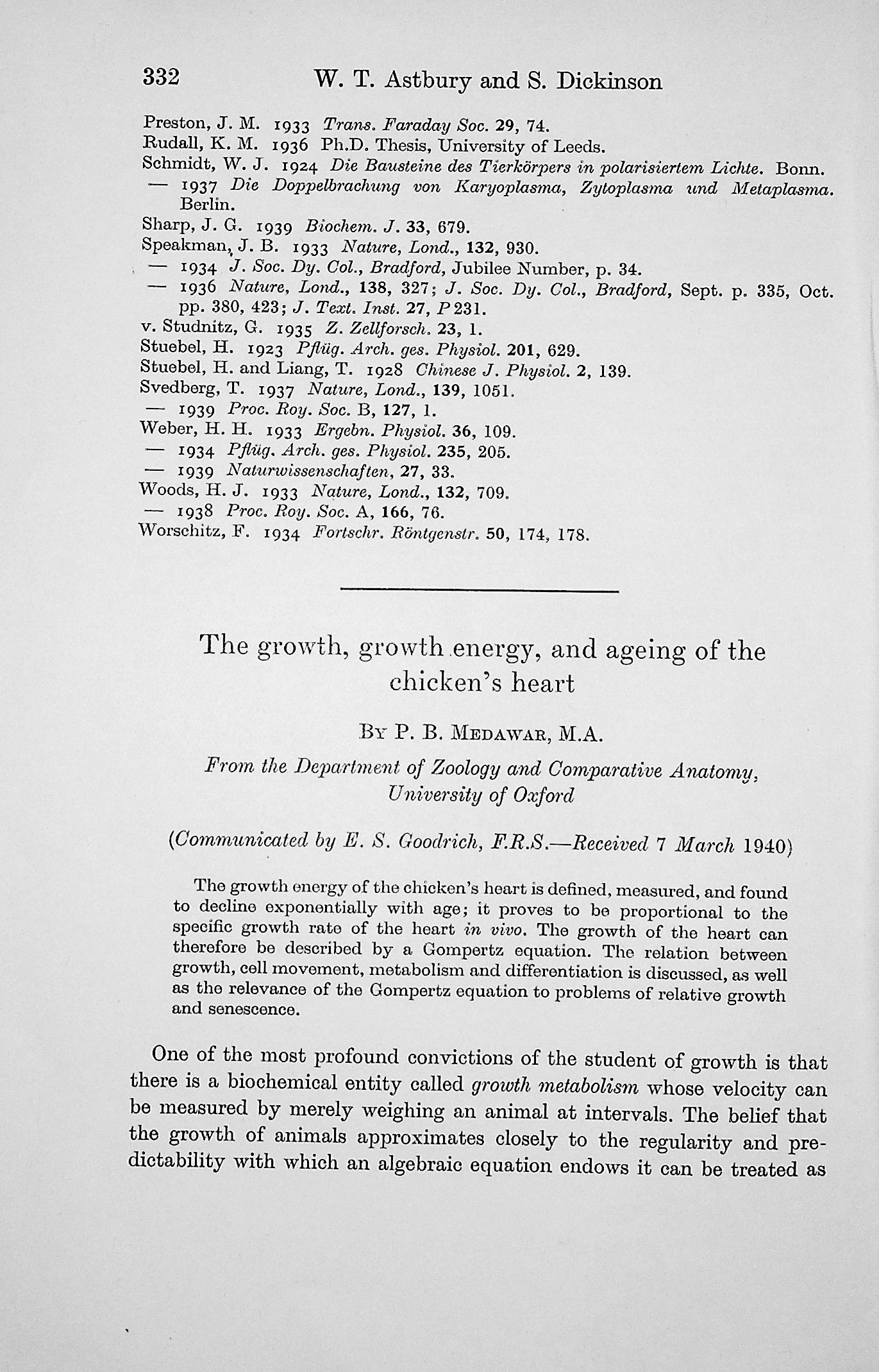 The growth, growth energy, and ageing of the chicken's heart. Proceedings of the Royal Society, Series B, Vol. 129 (856): 332355