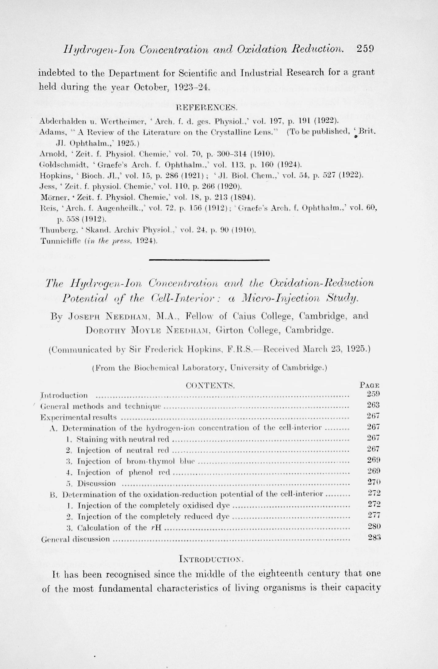 Image for 1) The hydrogen-ion concentration and the oxidation-reduction potential of the cell-interior: a micro-injection study Proceedings of the Royal Society, Series B, (1925) 98 (689): 259286; 2) The hydrogen-ion concentration and oxidation-reduction potential of the cell-interior before and after fertili 1) The hydrogen-ion concentration and the oxidation-reduction potential of the cell-interior: a micro-injection study Proceedings of the Royal Society, Series B, (1925) 98 (689): 259286; 2) The hydrogen-ion concentration and oxidation-reduction potential of the cell-interior before and after fertili
