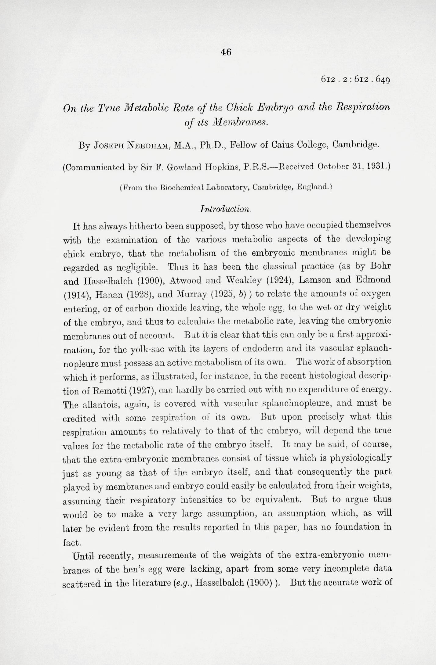On the true metabolic rate of the chick embryo and the respiration of its membranes. Proceedings of the Royal Society, Series B, Vol. 110 (765): 4674