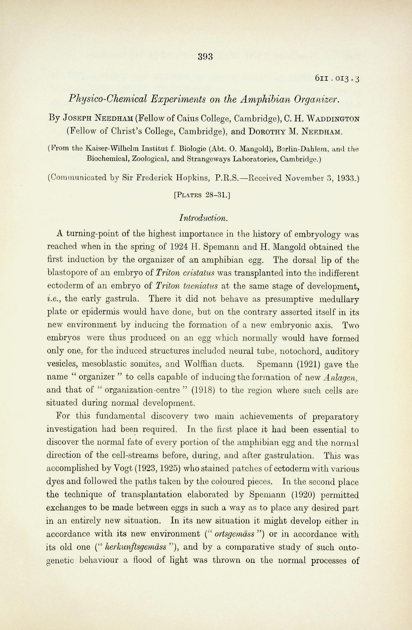 Image for Physico-chemical experiments on the amphibian organizer. Proceedings of the Royal Society, Series B, 114 (789): 393422 Physico-chemical experiments on the amphibian organizer. Proceedings of the Royal Society, Series B, 114 (789): 393422