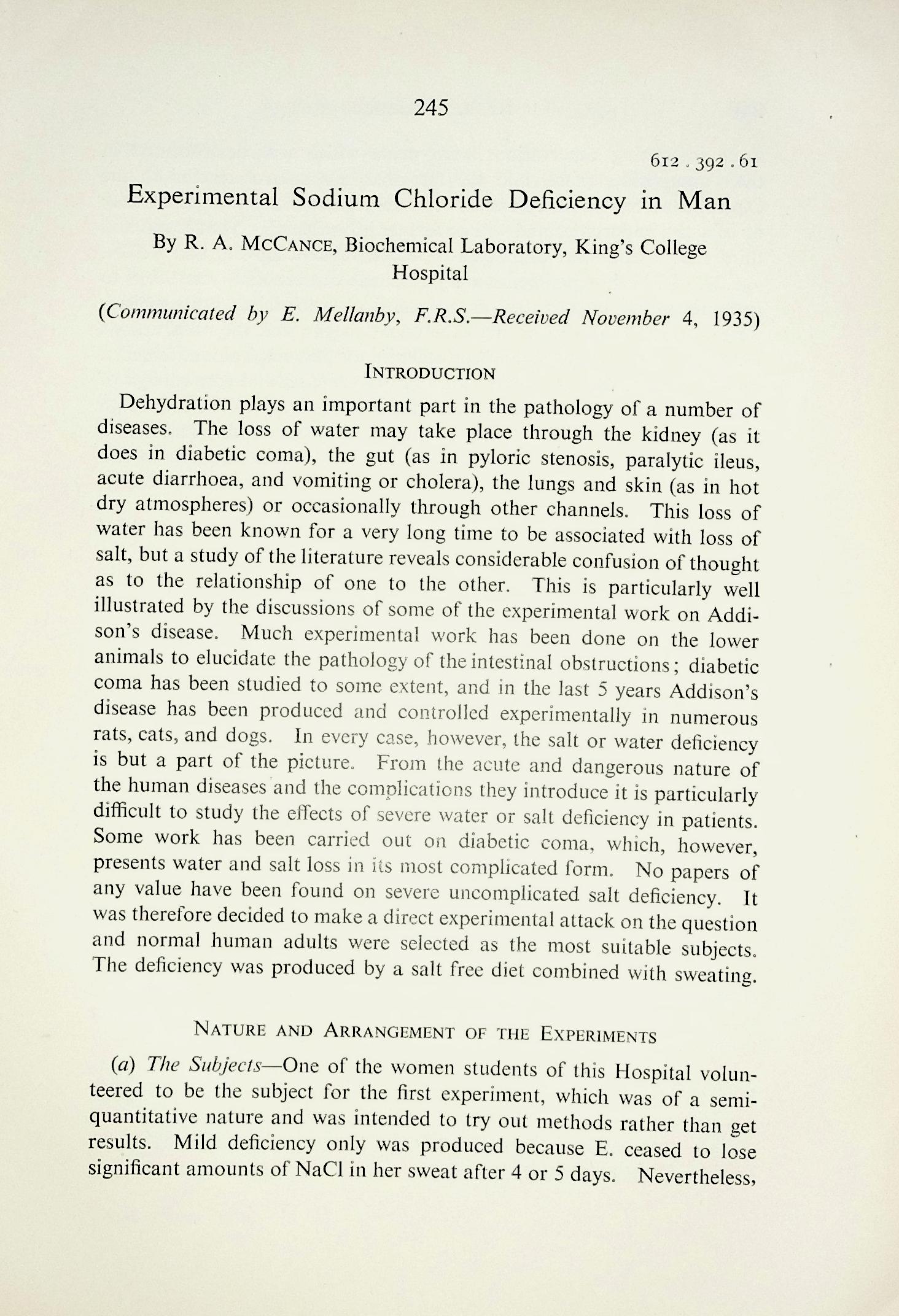 Image for 1) Experimental sodium chloride deficiency in man. Proceedings of the Royal Society, Series B, Vol. 119 (814): 245268; 2) The response of the kidney to an alkalosis during salt deficiency. Proceedings of the Royal Society, Series B, Vol. 120 (817): 228239 1) Experimental sodium chloride deficiency in man. Proceedings of the Royal Society, Series B, Vol. 119 (814): 245268; 2) The response of the kidney to an alkalosis during salt deficiency. Proceedings of the Royal Society, Series B, Vol. 120 (817): 228239