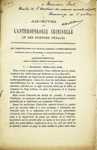 Image for De l'Identification par les Signalements Anthropometriques. Conference faite le 22 novembre 1885 au Congres Penitatiiaire de Rome [On Identification by Anthropometric Characteristics. Conference on November 22, 1885, at the Penitentiary Congress of Rome]