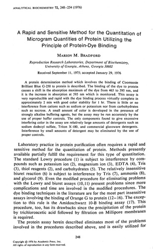 Image for A Rapid and Sensitive Method for the Quantitation of Microgram Quantities of Protein Utilizing the Principle of Protein-Dye Binding, CONTAINED IN Analytica Biochemistry, Vol. 72, pp 248-254