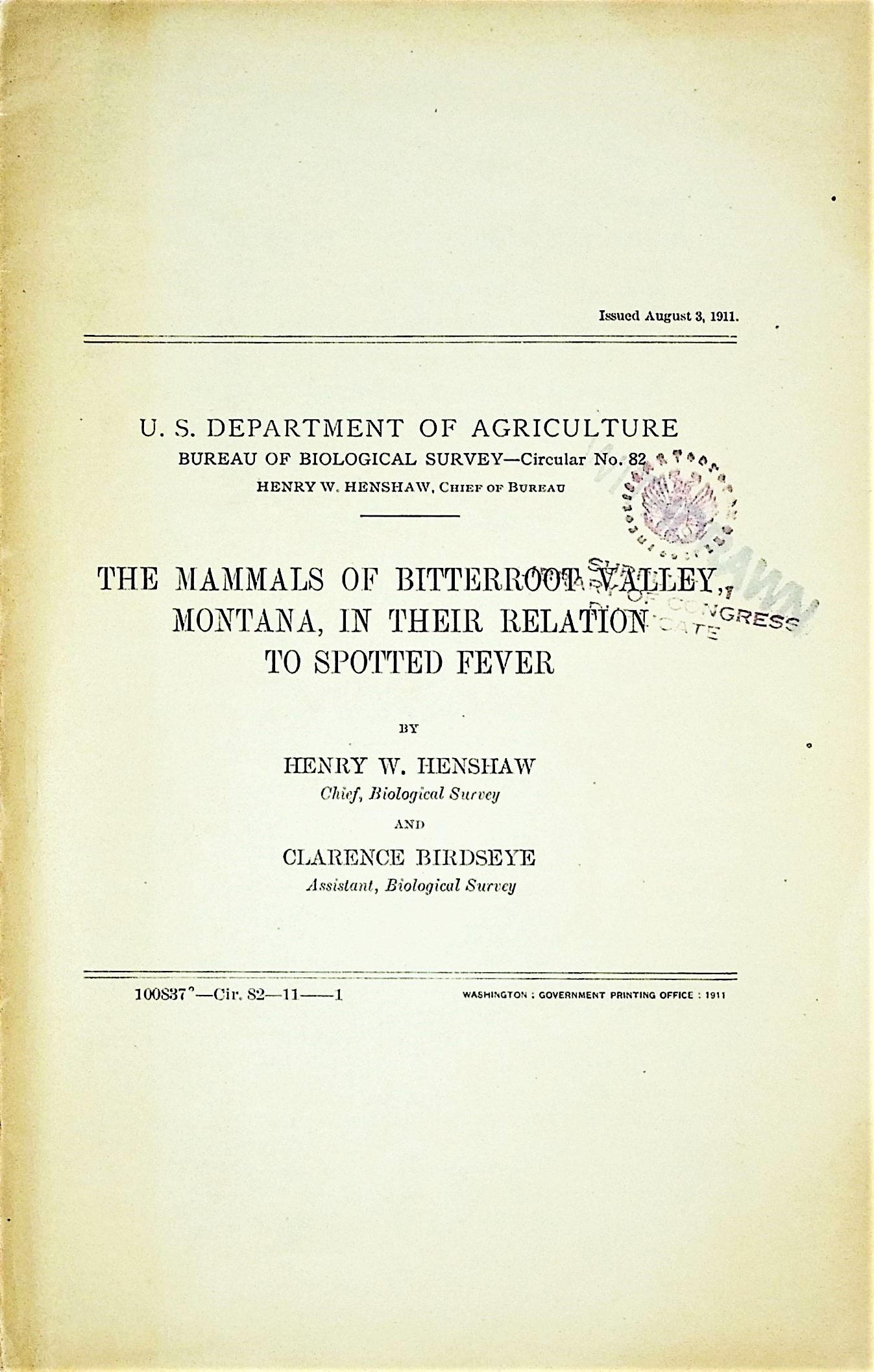 Image for The mammals of Bitterroot Valley, Montana, in their relation to spotted fever, Bureau of Biological Survey Circular No. 82